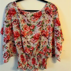 Pink and White Relaxed Blouse with Smocked 3/4 Sleeves